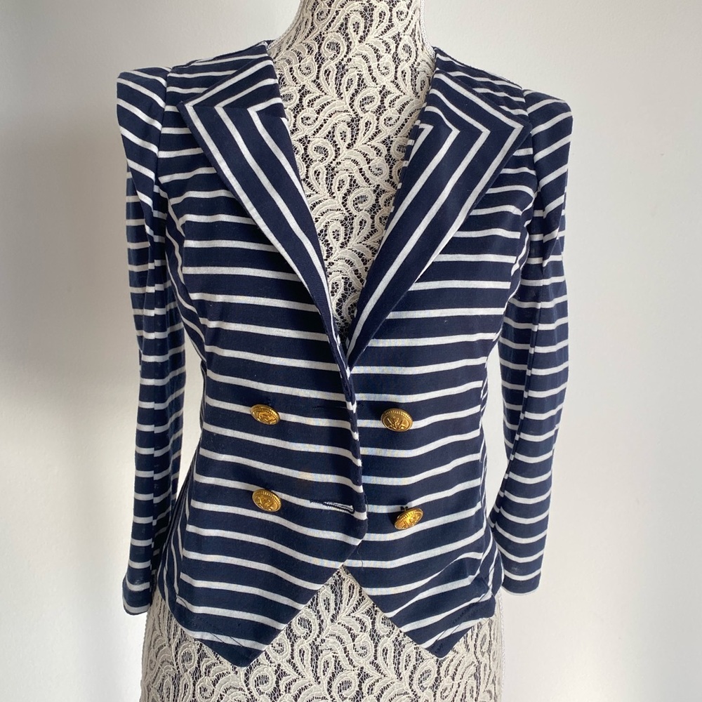 Blue and White stripes sailor stlyed women's blazer with gold buttons